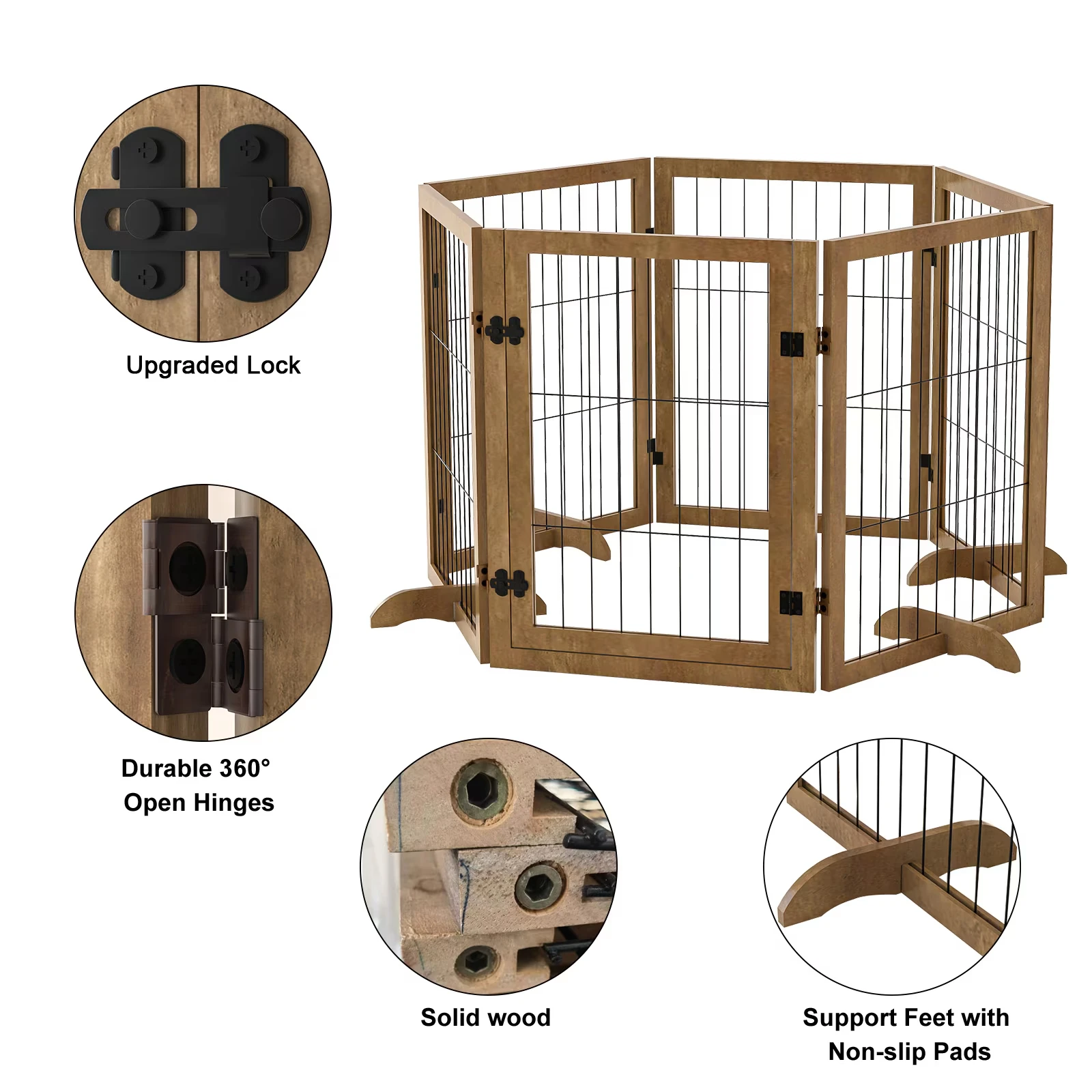 Extra-Wide 144 inch Dog Fence- Door- 32 inch Tall Foldable Wire Pet Barrier- Solid Hardwood- 6 Panels - Image 2