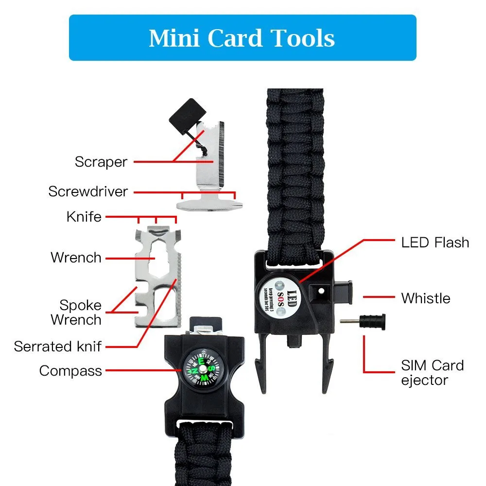 SOS, LED Light, Survival Bracelet- Braided Paracord- Men/ Women- Camping EDC Tool- Emergency Compass, Whistle - Image 2