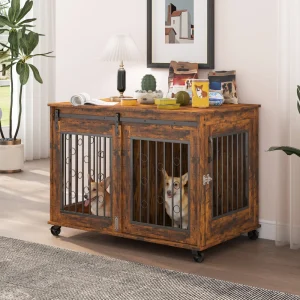 Sliding Door Dog Cage with Partition for Two Small/Medium Dogs- Rustic Brown