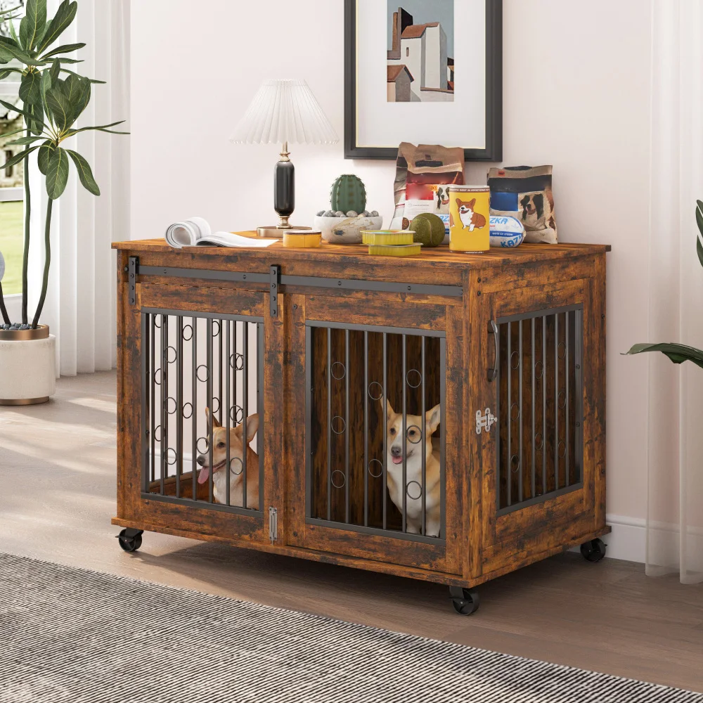 Sliding Door Dog Cage with Partition for Two Small/Medium Dogs- Rustic Brown