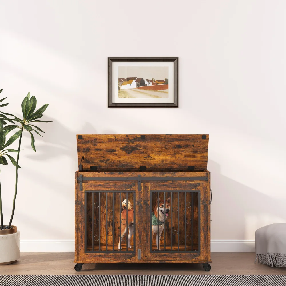 Sliding Door Dog Cage with Partition for Two Small/Medium Dogs- Rustic Brown - Image 4