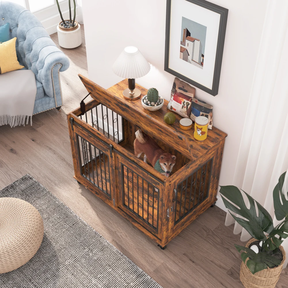 Sliding Door Dog Cage with Partition for Two Small/Medium Dogs- Rustic Brown - Image 2