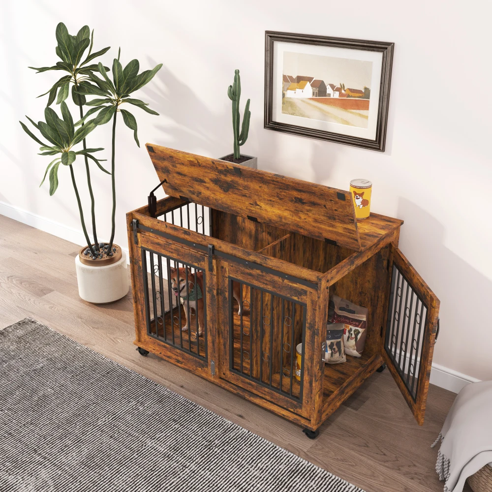 Sliding Door Dog Cage with Partition for Two Small/Medium Dogs- Rustic Brown - Image 3