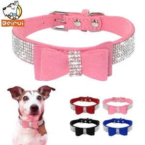 Suede Rhinestone Dog/Cat Collar- Sparkly Crystal Bow Tie- Small/ Medium Pets- Multiple Sizes and Colors