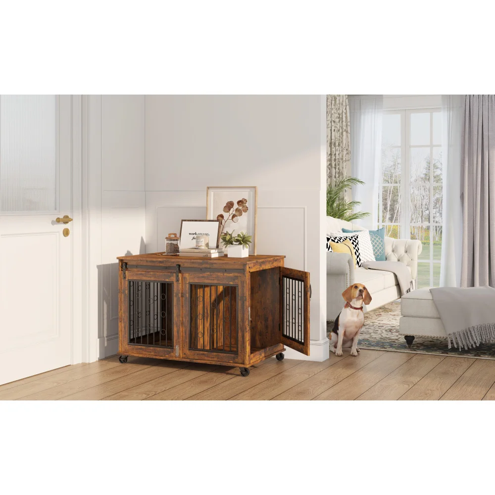 Sliding Door Dog Cage with Partition for Two Small/Medium Dogs- Rustic Brown - Image 5