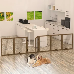 Extra-Wide 144 inch Dog Fence- Door- 32 inch Tall Foldable Wire Pet Barrier- Solid Hardwood- 6 Panels