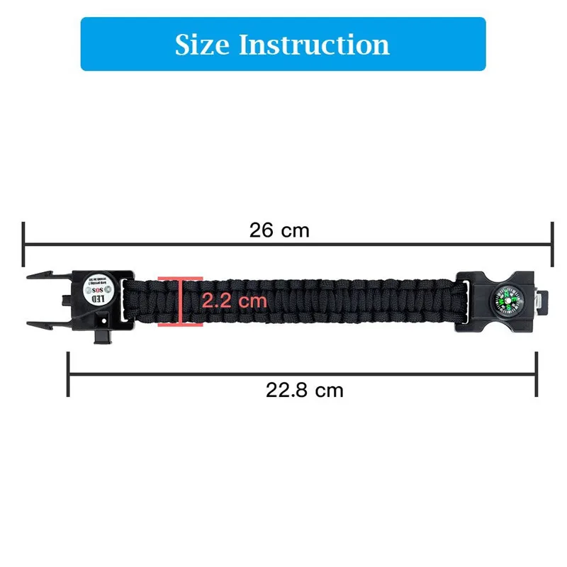 SOS, LED Light, Survival Bracelet- Braided Paracord- Men/ Women- Camping EDC Tool- Emergency Compass, Whistle - Image 3