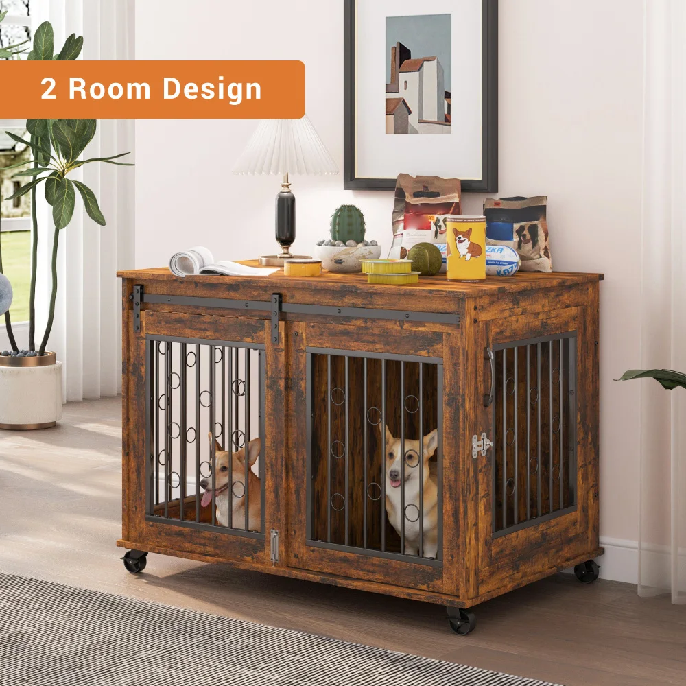 Sliding Door Dog Cage with Partition for Two Small/Medium Dogs- Rustic Brown - Image 6