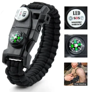SOS, LED Light, Survival Bracelet- Braided Paracord- Men/ Women- Camping EDC Tool- Emergency Compass, Whistle