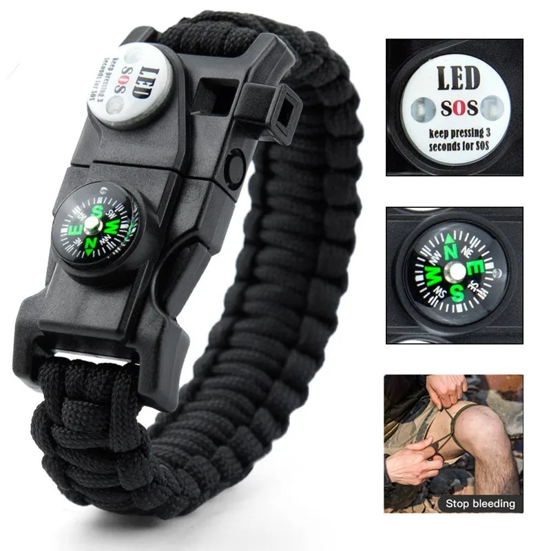 SOS, LED Light, Survival Bracelet- Braided Paracord- Men/ Women- Camping EDC Tool- Emergency Compass, Whistle