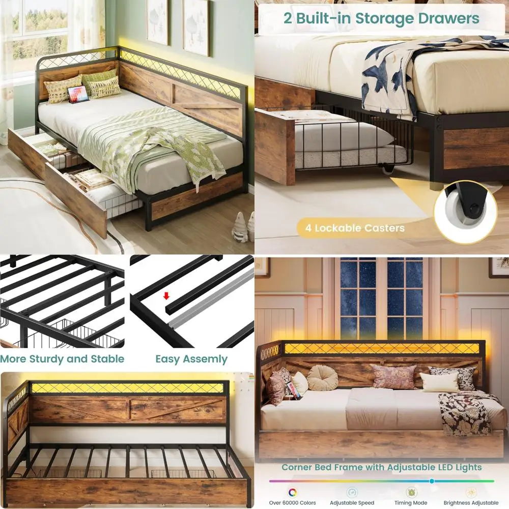 Twin Daybed/Corner Bed Frame- LED lights and charging station- Under-Bed Storage Drawer