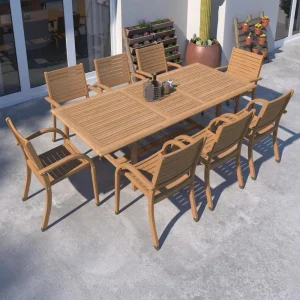 9-Piece Rectangular Patio Furniture Set- Teak- Outside Table and Chairs Dining Set