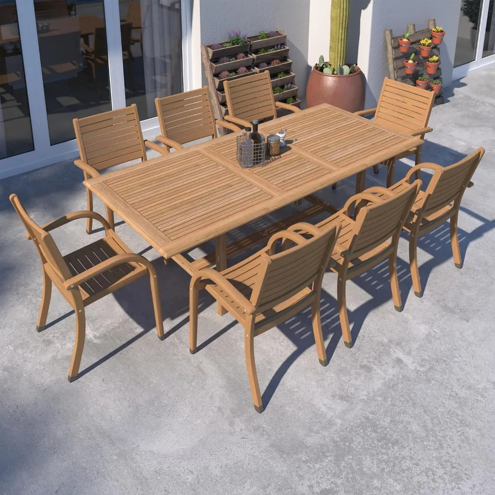 9-Piece Rectangular Patio Furniture Set- Teak- Outside Table and Chairs Dining Set