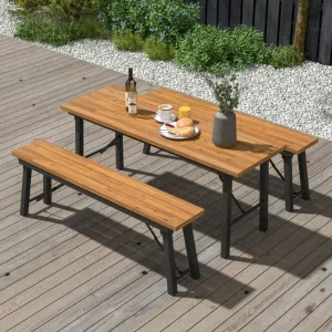 Folding Picnic Table- Acacia Wood Dining Table with Metal Frame for Indoor/ Outdoor
