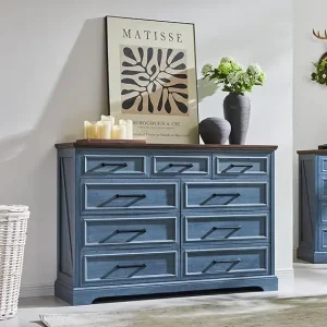 Farmhouse 9 Drawer Dresser- 36-Inch Tall Dresser/ TV Stand with Large Drawers- Bar Handles- Rustic Wood- 5 Color Finishes