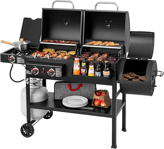 2-Burner Gas and Charcoal Combo Grill- Offset Smoker and Side Burner- 34,000 BTU Dual Fuel Grill- 1020 Sq. In. Cooking Area - Image 7