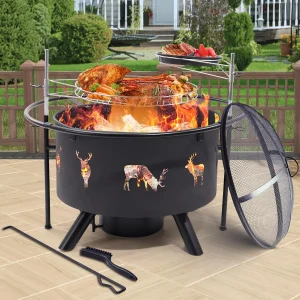 32-Inch Large Fire Pit with 2 Grills- Outdoor Wood Burning Fire Pit with Cooking Grate, Lid, Poker, and Round Waterproof Cover