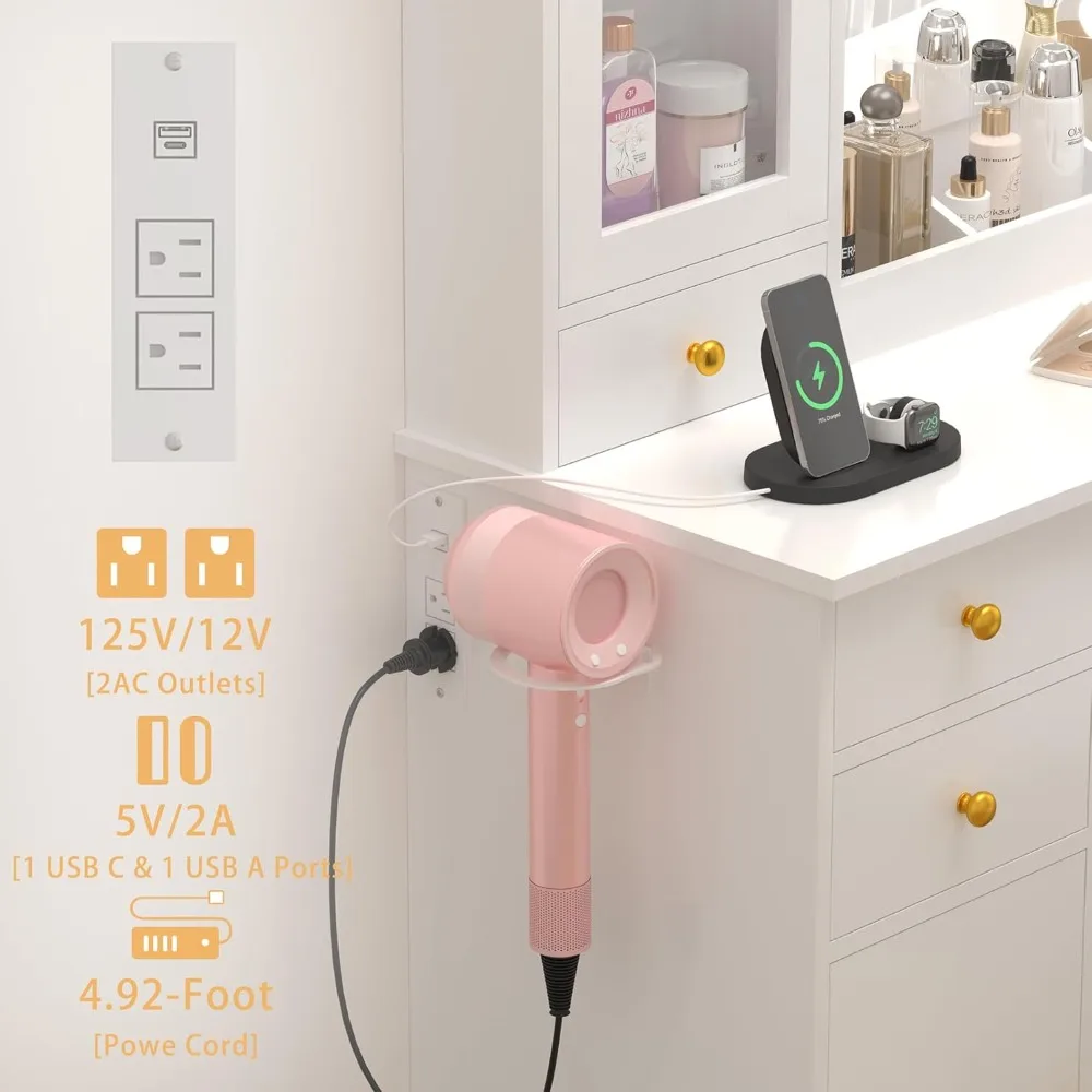 Vanity Desk with Mirror and Lights- 43" White Makeup Vanity Set- 5 Drawers & Glass Cabinets- Storage Stool- Power Outlet - Image 6