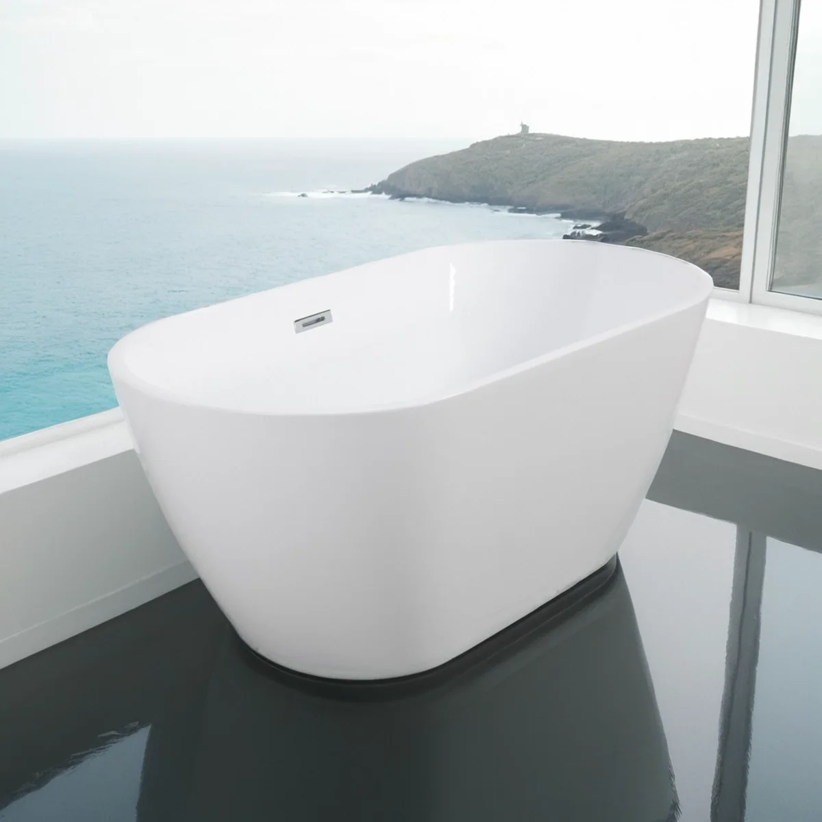 Sleek White Acrylic Freestanding Soaking Bathtub- Chrome Overflow and Drain - Image 2