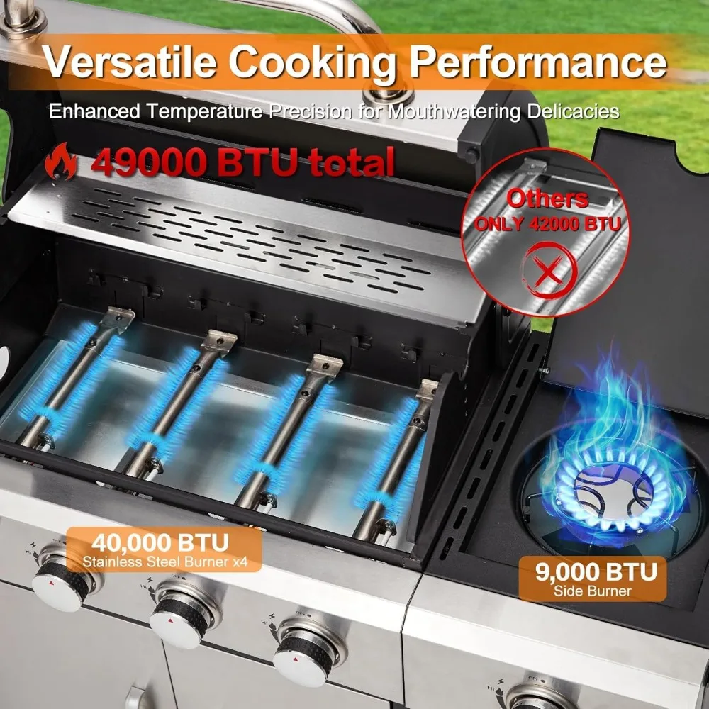 4-Burner Propane Gas Grill with Side Burner & Cabinet - 49,000 BTU- Stainless Steel BBQ Grill- Porcelain-Enameled Cast Iron Grate - Image 4