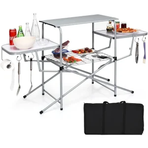 Folding Grill Table- Aluminum Camping/BBQ Table- Hooks- Great for Camping or as a BBQ work table in your backyard