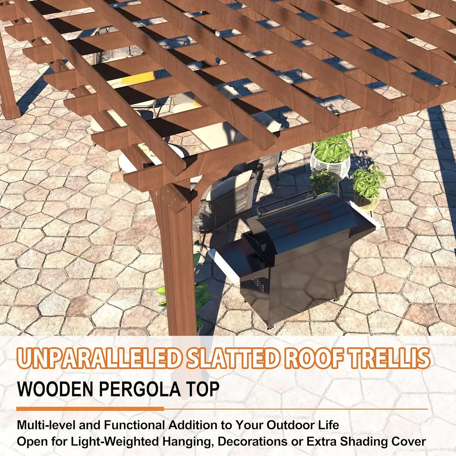 12 x 16 FT Wooden Pergola- Cedar Wood Gazebo with Flat Roof- Stakes Included - Image 5