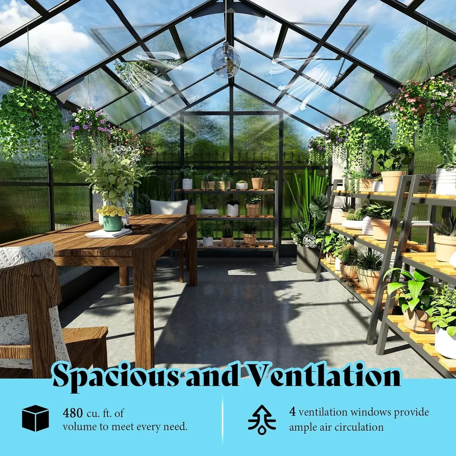 8x12x7 FT Polycarbonate Greenhouse- Walk-in Greenhouse with Quick-Connect System- 4 Vent Windows - Image 4