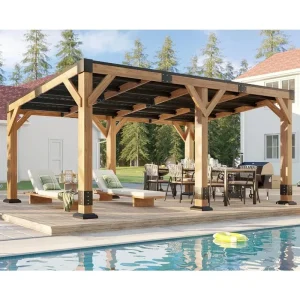 10'x20' Solid Wood Gazebo with Metal Hardtop- Large Outdoor Grill Canopy- Heavy-Duty Pergola for Patio or Backyard