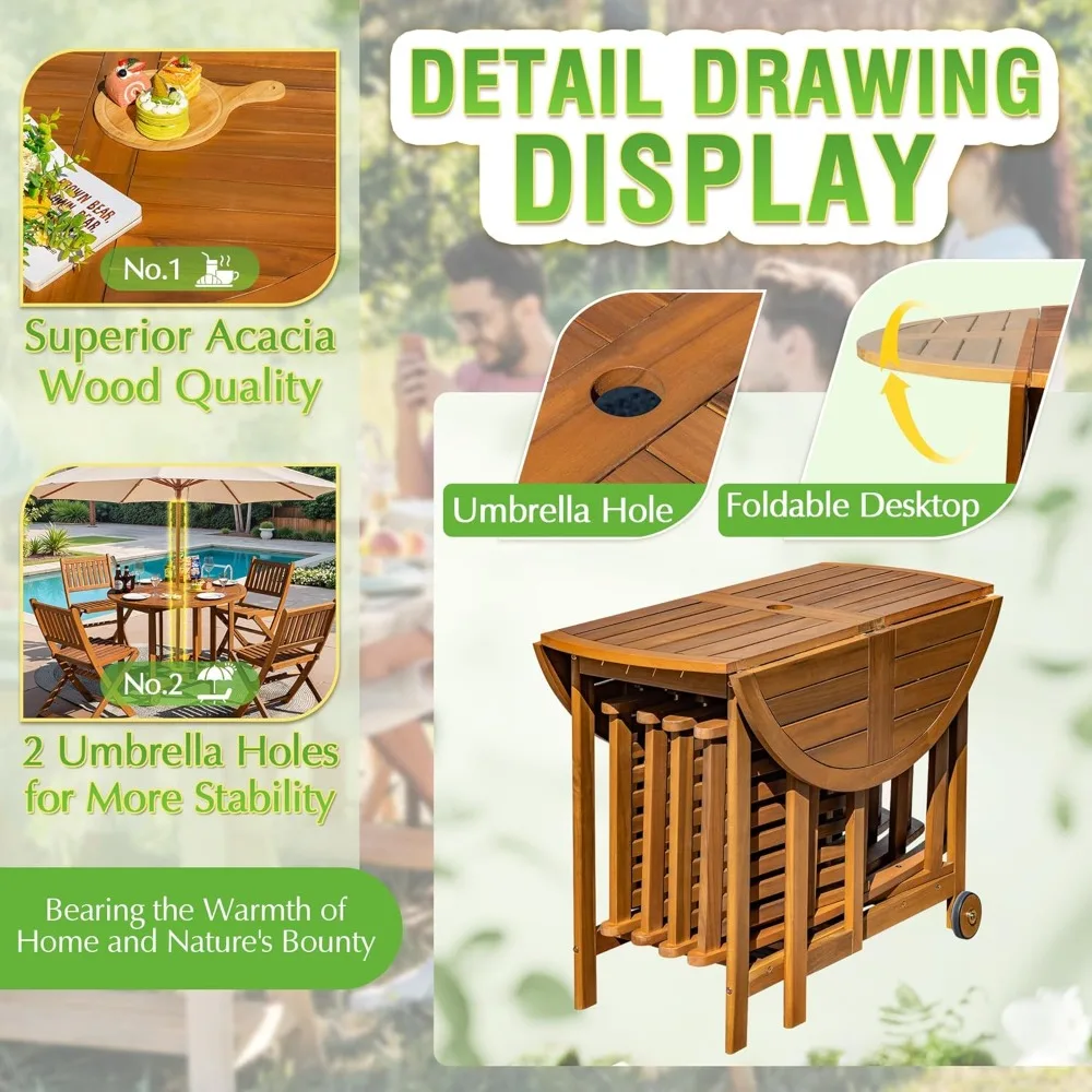 5-Piece Patio Dining Set- Acacia Wood Furniture- All-Weather Folding Round Table and Chairs for Backyard, Balcony, Porch, - Image 2