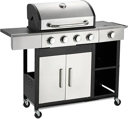 4-Burner Propane Gas Grill with Side Burner & Cabinet - 49,000 BTU- Stainless Steel BBQ Grill- Porcelain-Enameled Cast Iron Grate - Image 7