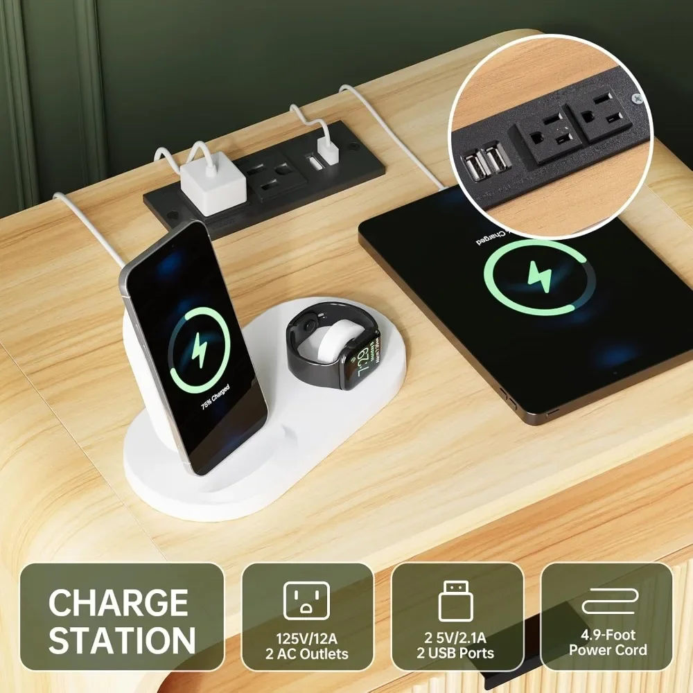 24" Fluted Nightstand/Side Table with Charging Station- 2 Drawers- Natural Oak, White, or Walnut - Image 4