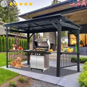 6.5x12 FT Hardtop Grill Gazebo- All-Weather- BBQ Shelter with Side Shelves and Ceiling Hooks- Galvanized Steel Frame