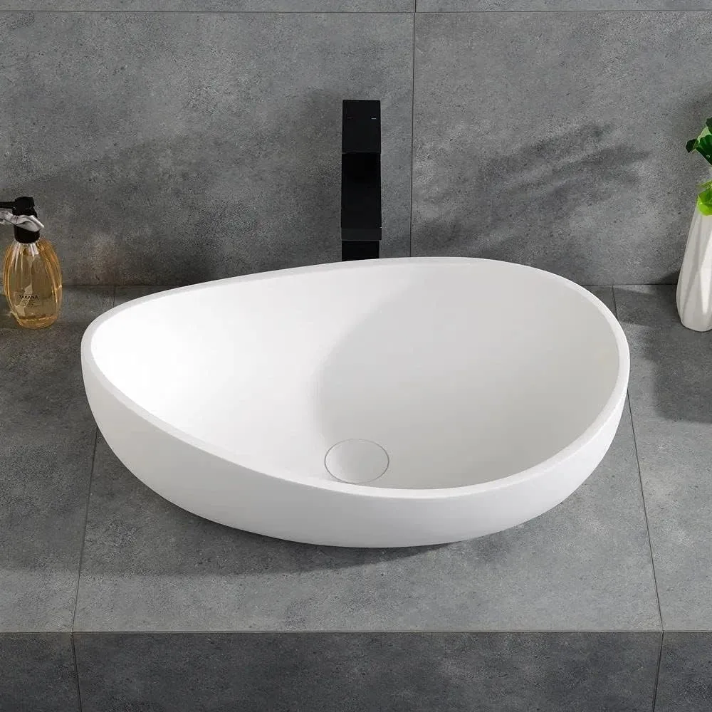 Oval, Stone Resin Bathroom Sink- Modern Art Sink- Matte White with Pop Up Drain (Glossy White) - Image 4