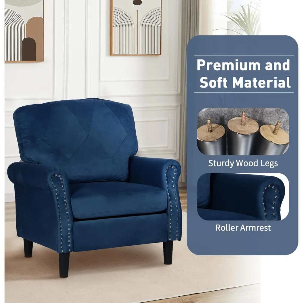 Blue Accent Chairs for Living Room- Set of 2- Upholstered Armchairs- Comfy Velvet Chairs w/Wood Legs & Nailhead Trim - Image 5