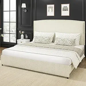 King-Size Upholstered Platform Bed Frame- 56" Headboard- Soft Boucle Fabric- No Box Springs Required- 3 Colors - Image 8