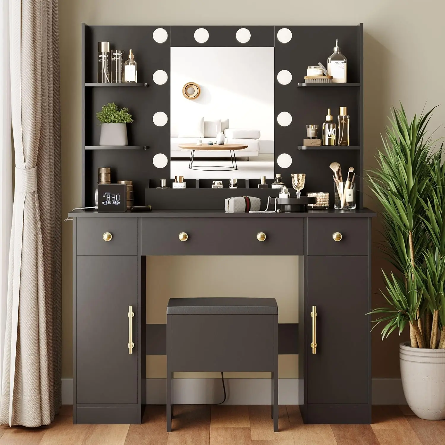 Vanity Desk with Mirror and Lights- 43" White Makeup Vanity Set- 5 Drawers & Glass Cabinets- Storage Stool- Power Outlet - Image 7