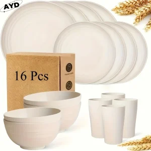 16-Piece Set- Sturdy Wheat Straw tableware Set - Plates/Dessert Plates/Bowls/Glasses- Dishwasher Safe