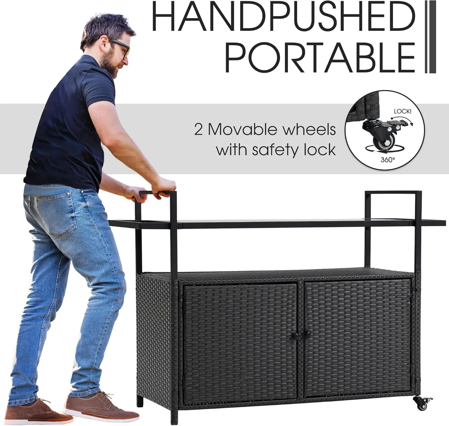 Outdoor Bar Cart Table - Patio Storage Cabinet- BBQ Grill Cart- Buffet with Wheels- Waterproof Wicker Serving Table - Image 3