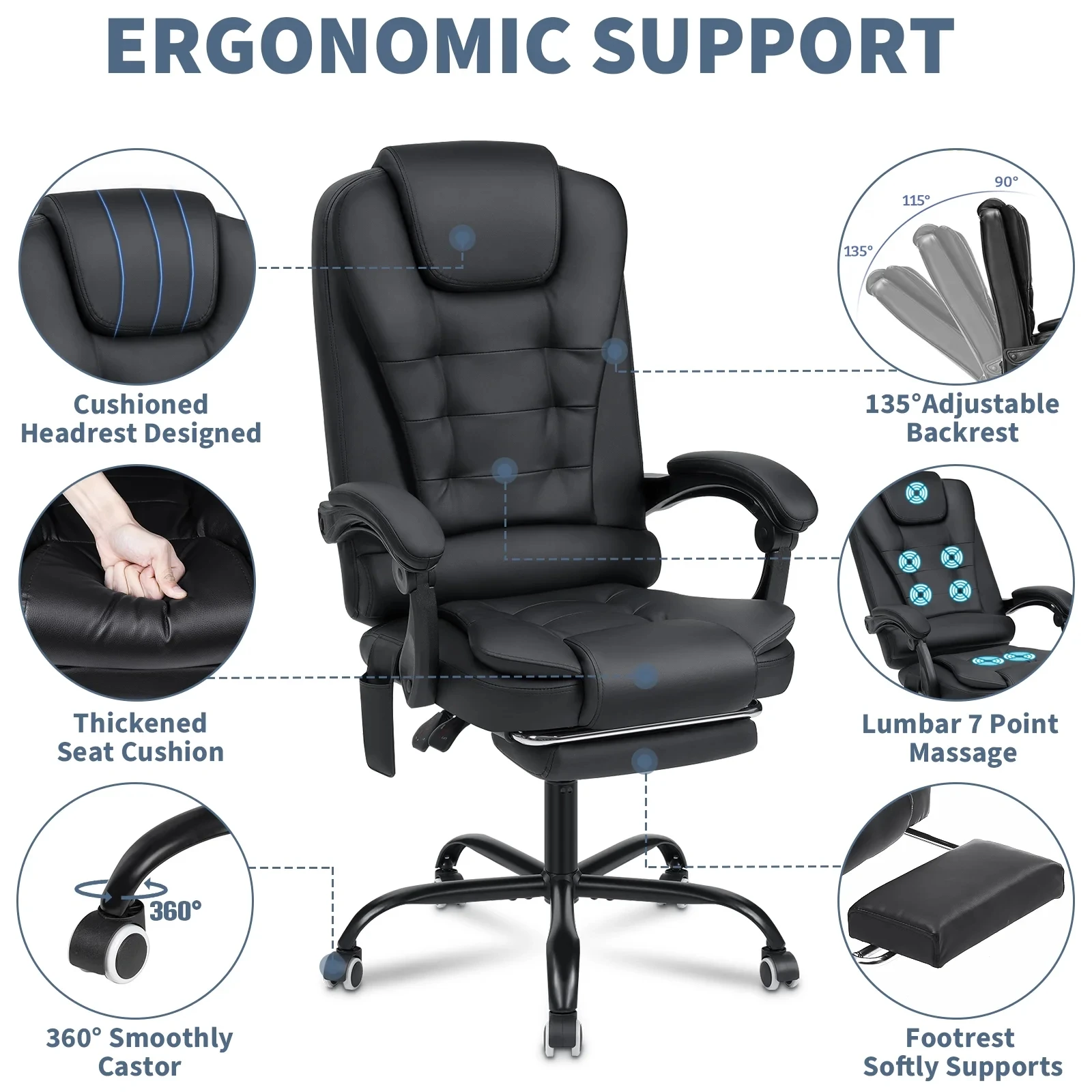 Executive Office Chair- Massage High Back Office Chair- Footrest- Reclining Computer Desk Chair- Lumbar Back Support - Image 4