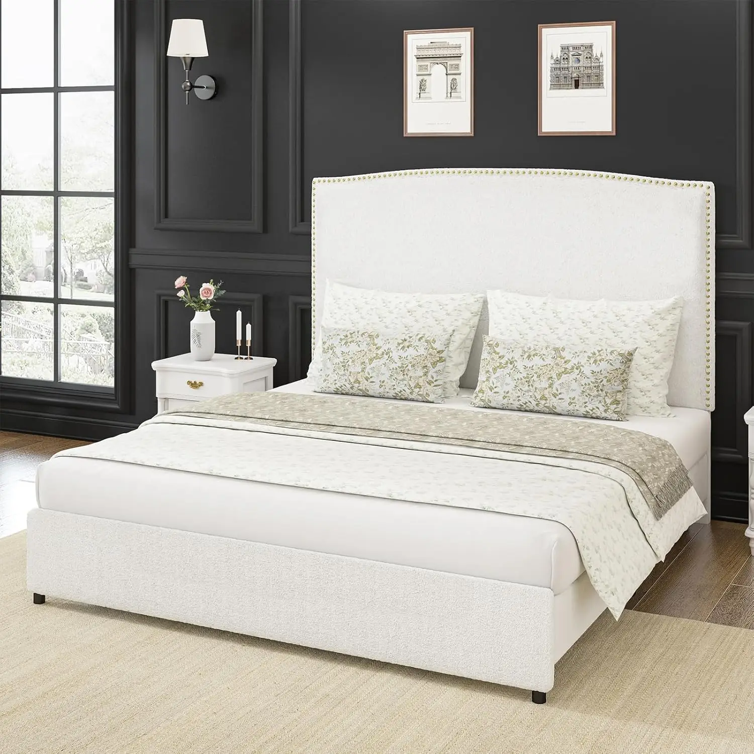 King-Size Upholstered Platform Bed Frame- 56" Headboard- Soft Boucle Fabric- No Box Springs Required- 3 Colors - Image 7