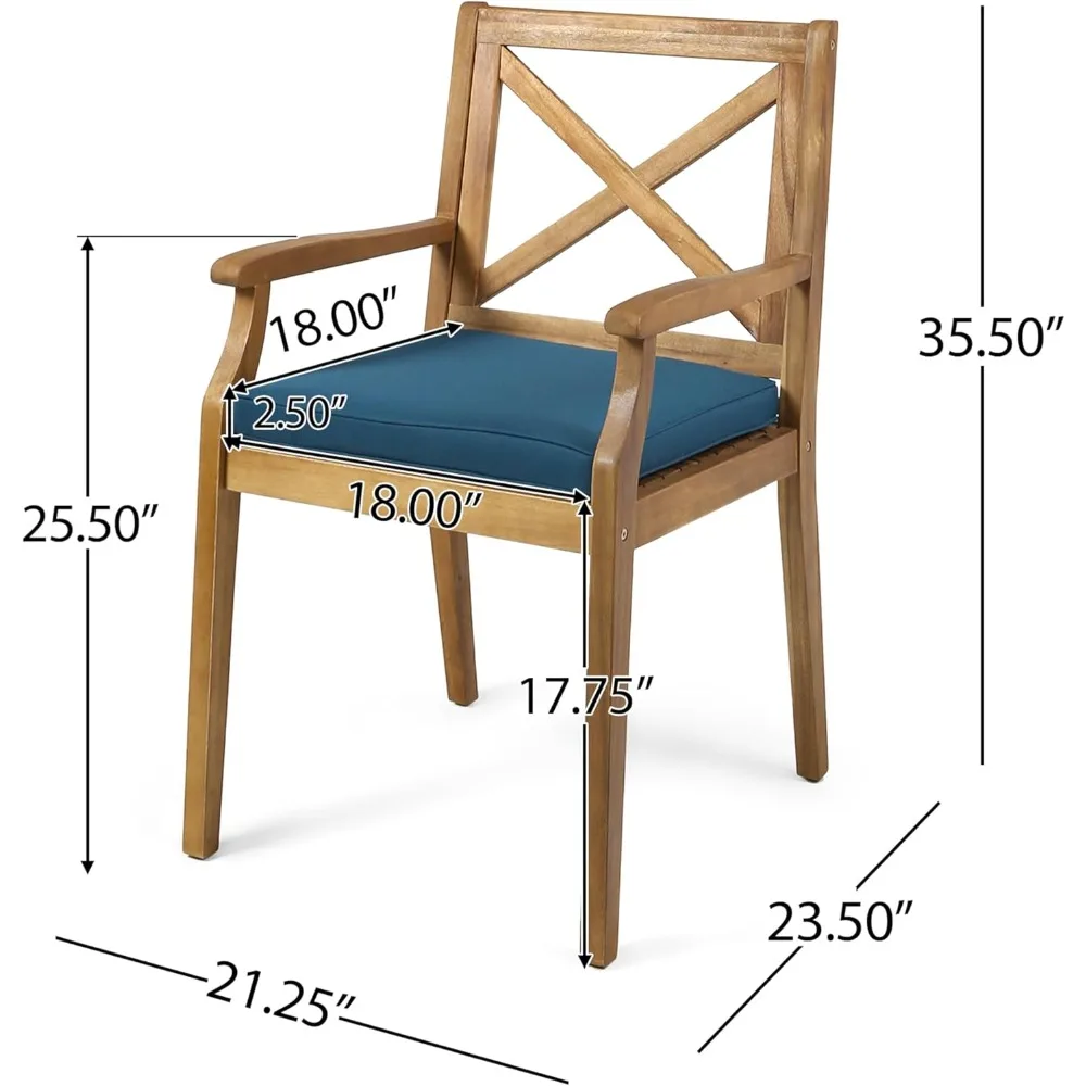 Set of 2- Outdoor Dining Chairs- All-Weather Accent Chairs with Arms and Blue Cushions - Image 2