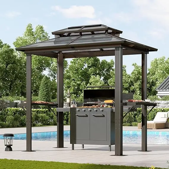 8 x 5 FT Aluminum BBQ Gazebo- Double Polycarbonate Top-Hardtop Grill Canopy with Shelves - Image 7
