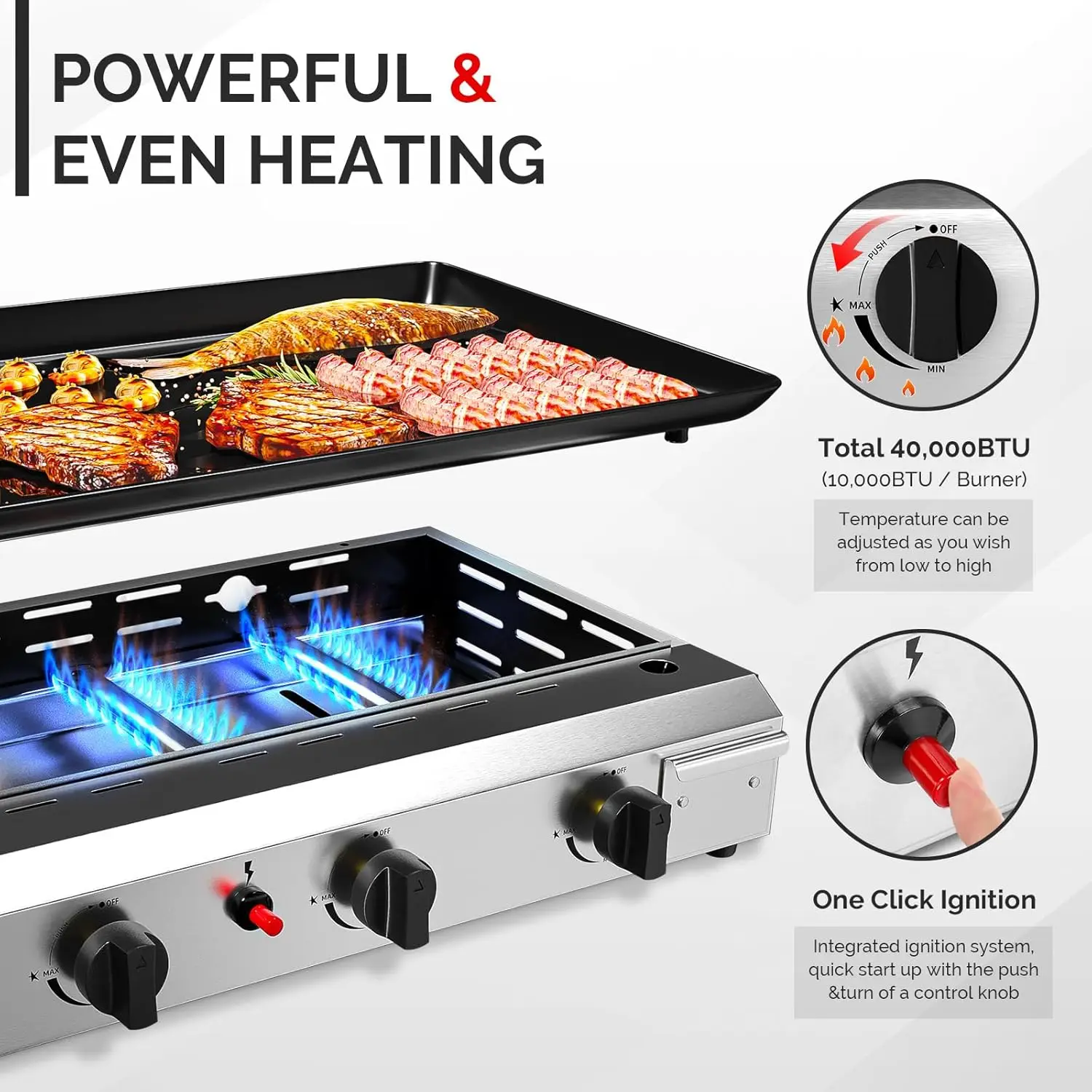 4-Burner Portable Propane Griddle- Nonstick Enameled Tray- 40000 BTU Rolling Flat Top Gas Grill- Electronic Ignition - Image 5