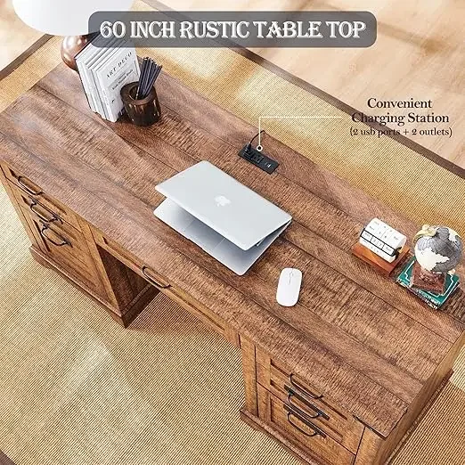 60" Executive Desk- Drawers- Wood Home Office Desk w/Charging Station (Reclaimed Barnwood, and Antique White) - Image 3