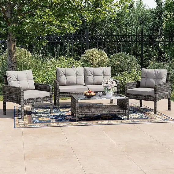 5-Pc Patio Conversation Set- PE Wicker Rattan Outdoor Lounge Chairs with Soft Cushions 2 Ottoman and Glass Table- Multiple styles and Colors - Image 13