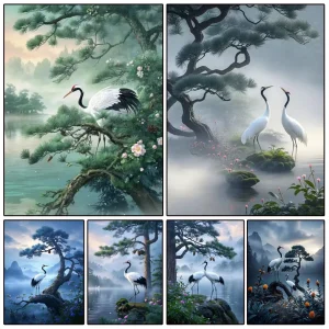 Diamond Painting Kit- Pine Crane Lake Scenery- Full Square/ Round Mosaic Diamond Painting