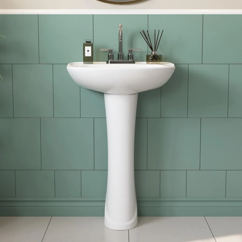 20" X 17" Modern U-Shape White Ceramic Pedestal Bathroom Sink With Three Faucet Holes