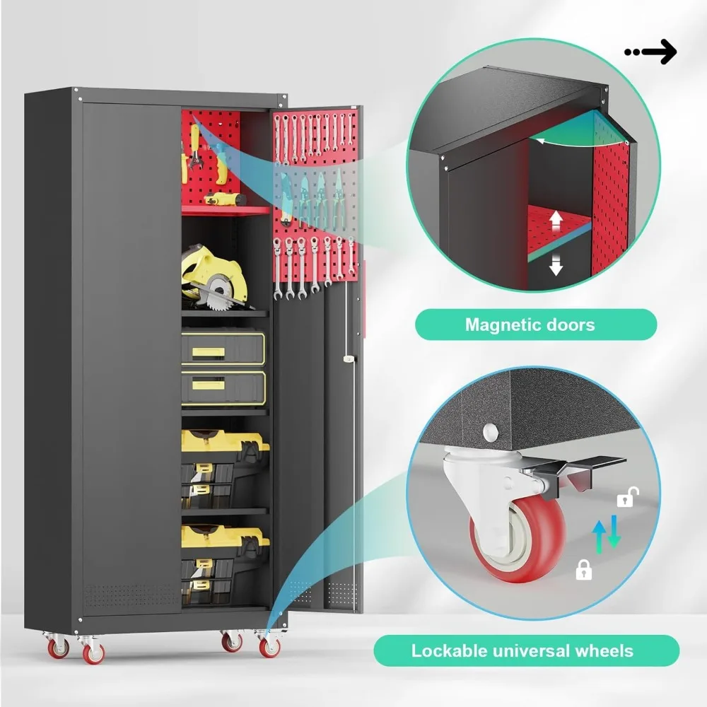 71" Metal Garage Storage Cabinet- Wheels- 5 Adjustable Shelves- Lockable - Image 6