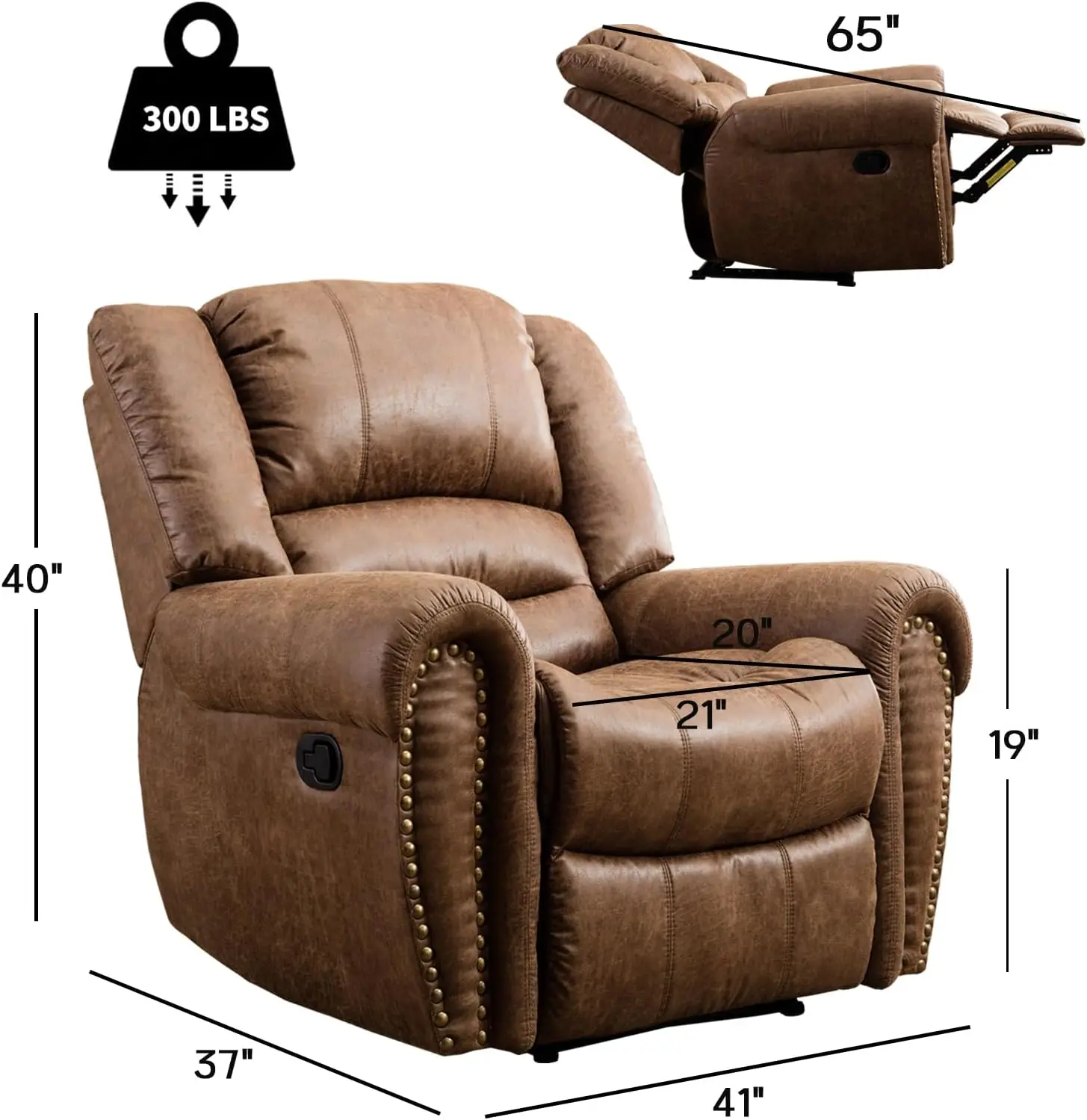 Leather Recliner Chair- Classic and Traditional- Manual Recliner Chair with Comfortable Arms and Back- Nut Brown - Image 2