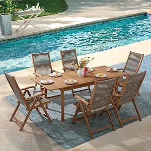 Casual Acacia 7-Piece Patio Dining Set- 6 Foldable Acacia Wooden and Rope Chairs and Large Table - Image 8